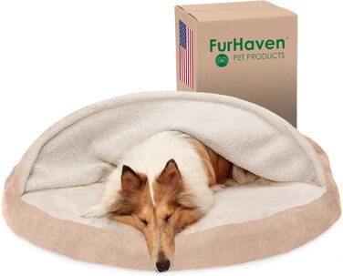 Ортопедичне ліжко для собак Furhaven середнього та малого розміру, 66 см, знімний, пральний чохол, для собак до 13,6 кг – Sherpa & Wildleder Snuggery – Блакитний, 66 см (імітація овечої вовни та велюр, кремовий, 112 x 112 x 7.6 см)