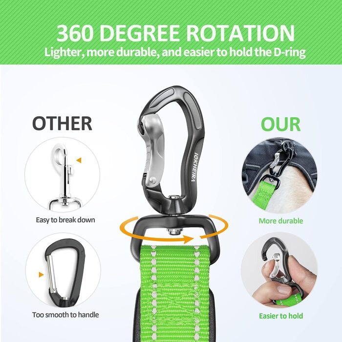 Леєнка для собак IOKHEIRA, регульована (1,2-1,5 м) з безпечним ремінним кріпленням, зручна м'яка ручка та світловідбиваючі нитки (неоновий зелений)