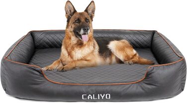 Ортопедичне ліжко для собак Caliyo, великі породи - м'яке ліжко з екошкіри, вологостійке та пральне, з піною з пам'яті, диван для собак з 4 бортиками, 127x97x18 см, чорний