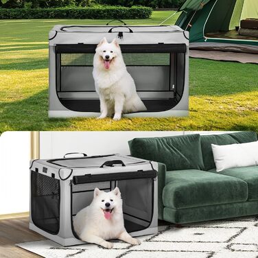 Складаний бокс для великих собак Petsfit, світло-сірий, L 91×61×59 см, міцна транспортна клітка з вентиляційною сіткою для дому та подорожей