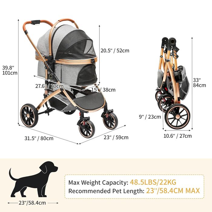 Візок для собак та котів 3-в-1 DWVO: візок, переноска, сумка. До 22 кг, сірий