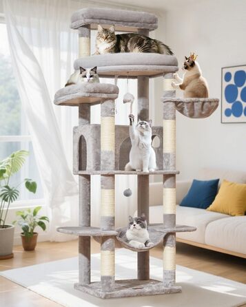 Когтеточка для котів Taoqimiao 180 см XXL, великий котячий комплекс для Maine Coon з будиночком, гамаком, платформами та 9 стійками (світло-сірий)