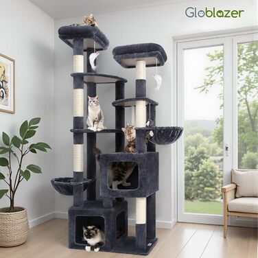 Драбина для котів Globlazer XXL (189 см) з великою печерею та платформами, 2 лежаками, 2 кошиками, стабільна конструкція, темно-сірий