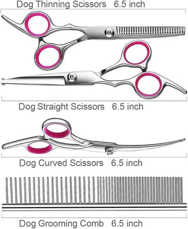Професійна ножиця для грумінгу собак, 6.5 дюймів, набір з нержавіючої сталі 4 в 1 (витончення, пряма, вигнута)