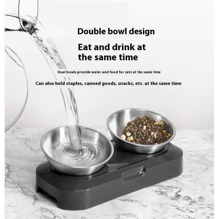 Миска для котів та собак з нержавіючої сталі з нахилом 15°, антиковзаюча, з двома мисками