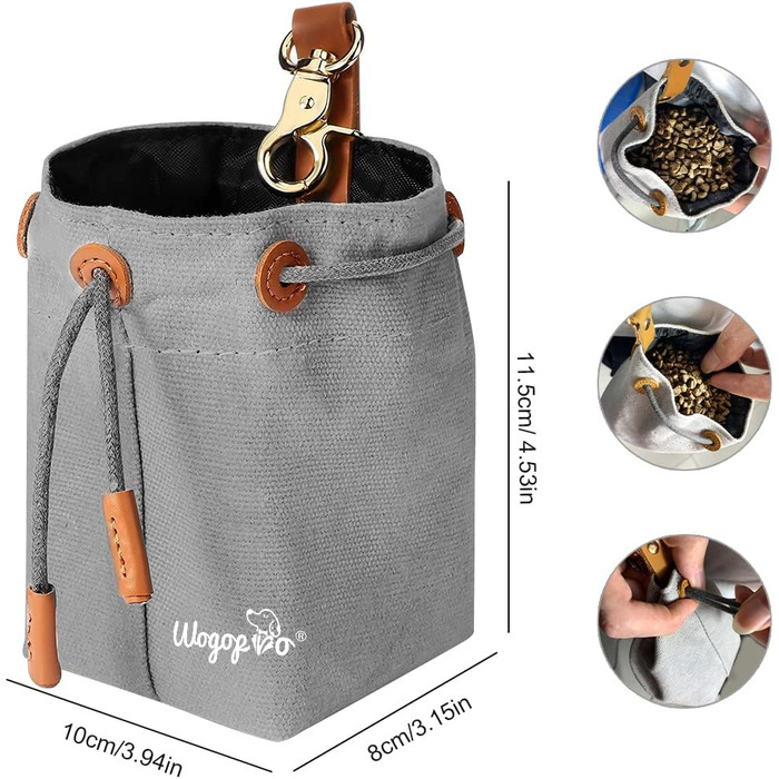 Сумка для корму для собак, канвас, з кліпсою та шнуром, для тренувань собак (сіра)