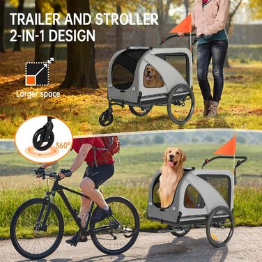 2-в-1 Причіп для собак XXL, Фарбований причіп для собак з дахом, Відбивачі та світловідбиваючі смуги, Універсальний з'єднувальний елемент для велосипеда, Регульована ручка-штовхач, Сірий