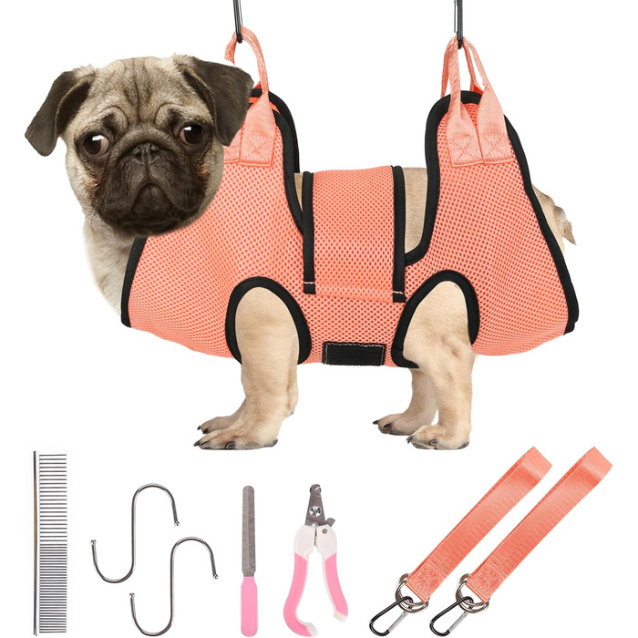 Гамак для грумінгу собак PatiencET, гамак для догляду за тваринами для котів та собак з ремінним кріпленням, петля для стрижки нігтів з обрізачем/триммером, пилка для нігтів, гребінець для тварин (S) Помаранчевий