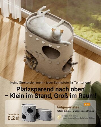 Будиночок-печеринка для котів DownyPaws з фетру, 2-ярусне ліжко для котів, 50 x 33 x 50 см, затишний дизайн, захист кігтів, бежевий