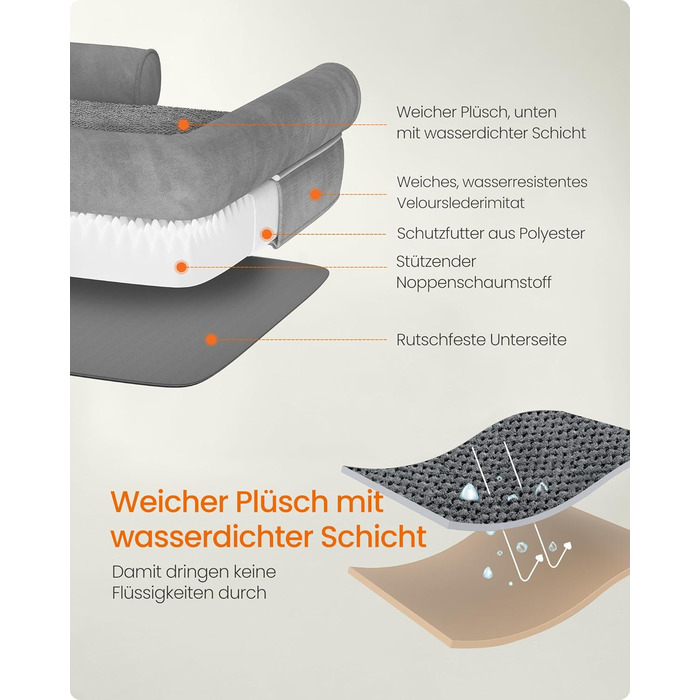 Ортопедичне ліжко для собак Feandrea, м'яке, з піднятими бортиками, знімний чохол, 106 x 76 x 18 см, сірий