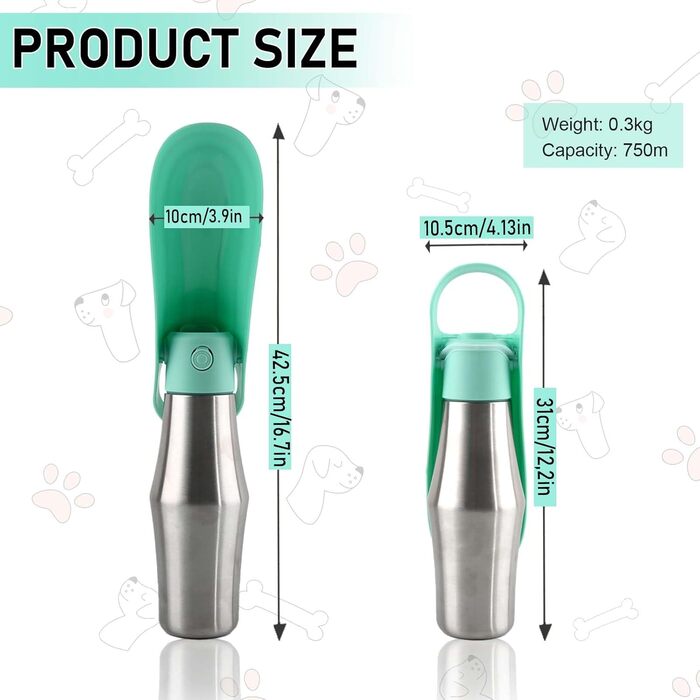 Водяна пляшка для собак Taozoey 750 мл, подорожі, вигул, кемпінг, зелена