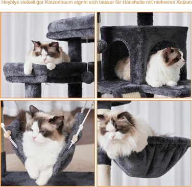 Кігтеточка-вежа для котів Heybly, 180 см, сірий, з 2 платформами, 2 будиночками, 2 гамаками, корзиною та дряпалкою HCT034G