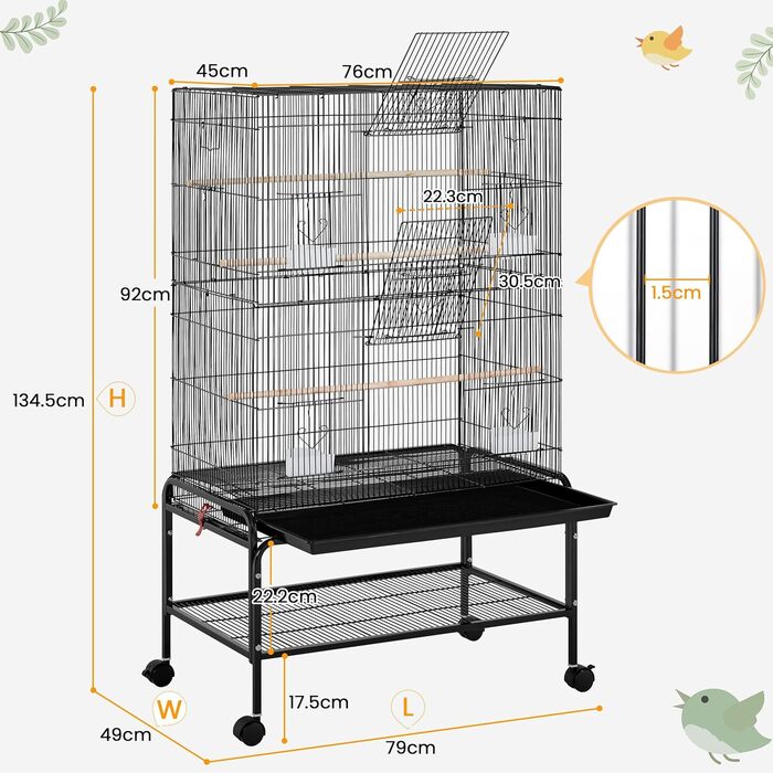 Велика клітка для птахів Yaheetech 79×49×134,5 см, вольєра для папуг і хвилястих папужок, 3 сідала, 6 дверцят, 4 годівниці, чорна