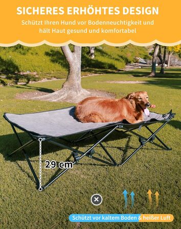 Ліжко для собак KingCamp підвищене, вуличне, чорне 57x57x23 см (L 132x68x29 см) - дихаюча сітка та фліс