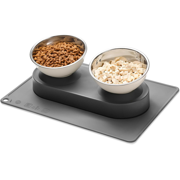 Набір мисок для котів та маленьких собак Marchul: подвійні, з підставкою, з нержавіючої сталі, 15° нахил, з силіконовим килимком