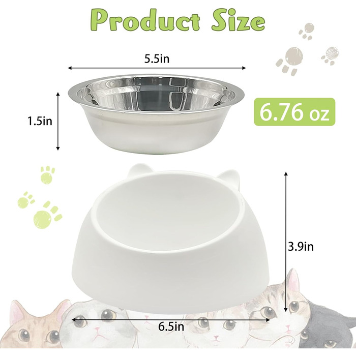 Набори мисок для котів Hamiledyi з підняттям, 4 шт., 15° нахил, нержавіюча сталь, анти-блювотна, не протікає, для кошенят, дорослих котів та кроликів (чорний + білий, 200 мл)