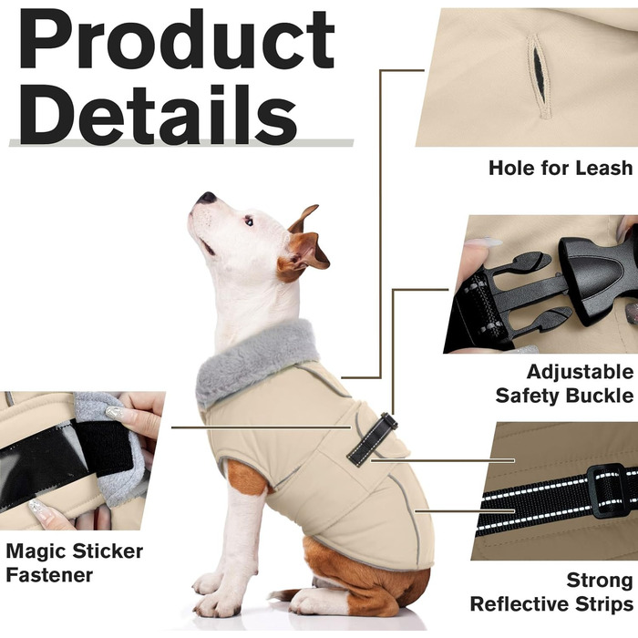 Теплий зимовий пуховик для собак Lelepet, водонепроникний, з флісовою підкладкою, світловідбиваючими елементами, отвором для шлейки, великий розмір XL, бежевий