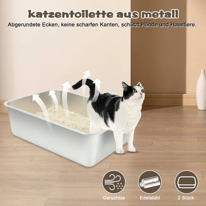Великий лоток для котів з нержавіючої сталі RANYPET, 2 шт. — відкритий, для великих котів і кроликів, легко чиститься, без запаху, антикорозійний, розмір 60×40×20 см