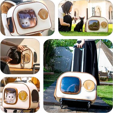 PETCUTE Рюкзак-переноска для собак та котів з колесами, складаний, з внутрішнім страхувальним ремінцем, дихаючий, для маленьких собак та середніх котів, бежевий