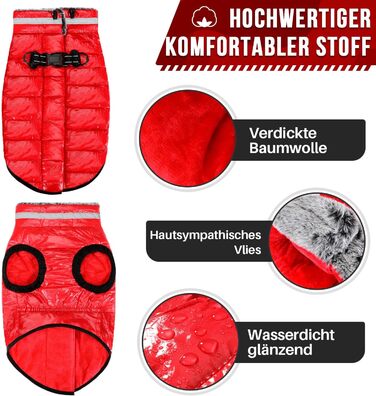 Водонепроникний собачий плащ з шлейкою, флісова комір-стійка, тепла зимова куртка для собак з подвійним блискавкою, куртка для собак з відбиваючими елементами, червоний, розмір S