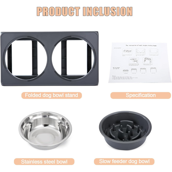 Підвищений годівниця для собак, регульована висота, підставка, 4 рівні, повільне годування, миска для собак з нержавіючої сталі для малих, середніх та великих собак (сіра)