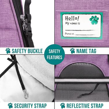 Транспортувальна сумка для тварин PetAmi з м'якими стінками, сертифікована для авіаперевезень, з вентиляцією та комфортним дизайном, з функціями безпеки, для котів, собак та інших домашніх тварин, розмір Large (19.5'L x 10.2'W x 12'H), колір Erikaviolett