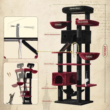 Великий котячий будиночок Kratzbaum: стабільний, 200 см, з платформами, гамаком, сизалевими стовпчиками (чорний та червоний)
