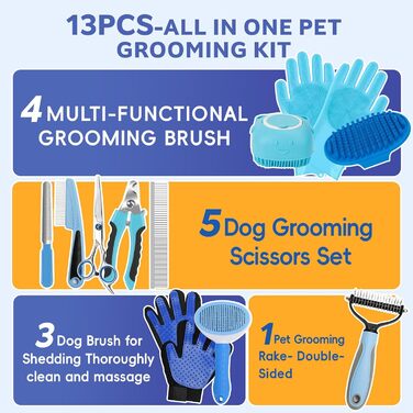 Набір для догляду за собаками та котами 13 предметів: триммер для кігтів, пилка, гребінець для видалення ковтунів, щітка для миття та скребок для шампуню, аксесуари для догляду за шерстю