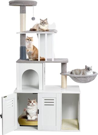 Snughome 2-в-1 сучасна котяча вежа з туалетом з дерева 140 см, когтеточка, гамак, велика платформа, сіра