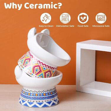 Котло propositions для котів TIGOADT: керамічна годівниця з підставкою, широка та нахилена, проти блювоти, для кошенят та дорослих котів (блакитно-білий візерунок, візерунок Бохо)