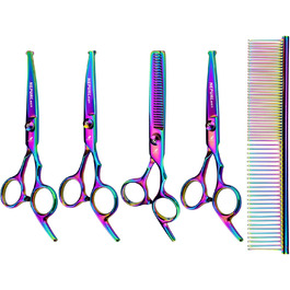 Набір ножиць для грумінгу собак 6-в-1: прямі, зігнуті, для начісування та проріджування. Професійний набір для догляду за шерстю собак
