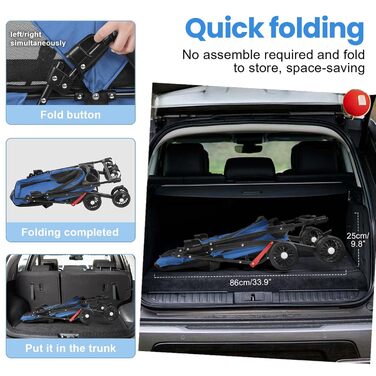 Складана візок для тварин до 10 кг з амортизаторами 360° та сонцезахистом - Легкий вигулювач для котів/маленьких собак (Чорний/Синій)