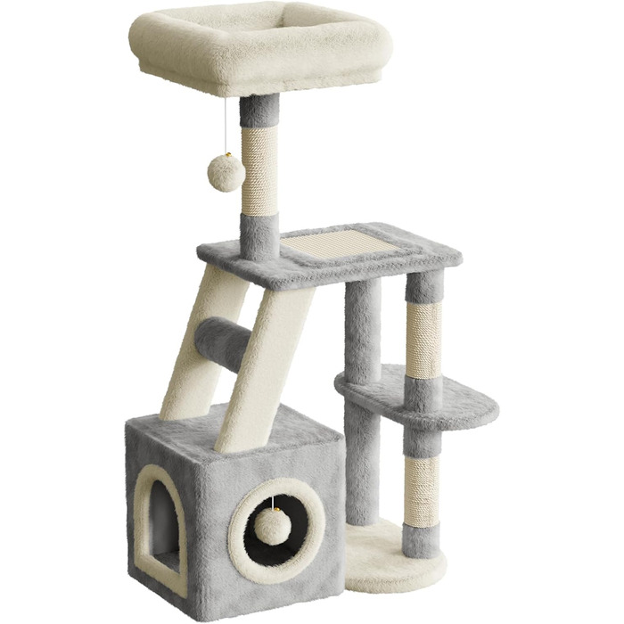 Клітка-когтеточка для котів Dogat 107 см, багатоярусна з когтеточкою, лежаком, будиночком та ігровим м'ячиком (сіра/бежева)