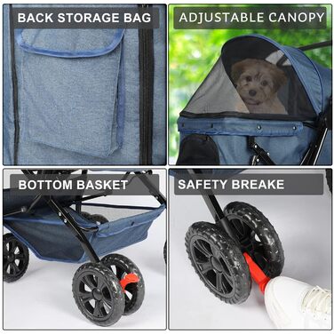 Візок для собак Wedyvko до 20 кг, 4 колеса, складний, для маленьких та середніх собак та котів, з кошиком та тримачем для напоїв, блакитний