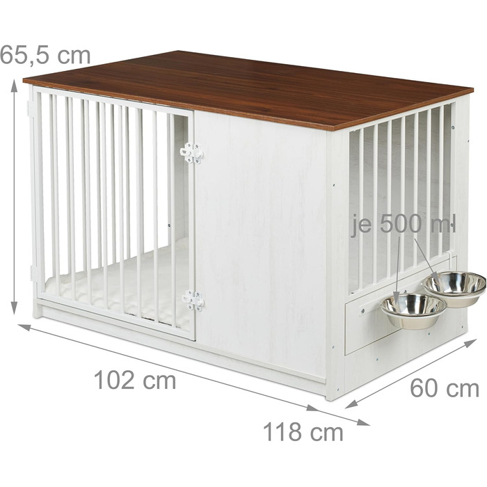 Клітка для собак Relaxdays, для дому, HBT: 65,5x102x60 см, 2 обертові миски, собача будка з виглядом дерева, МДФ & сталь, (білий/коричневий)