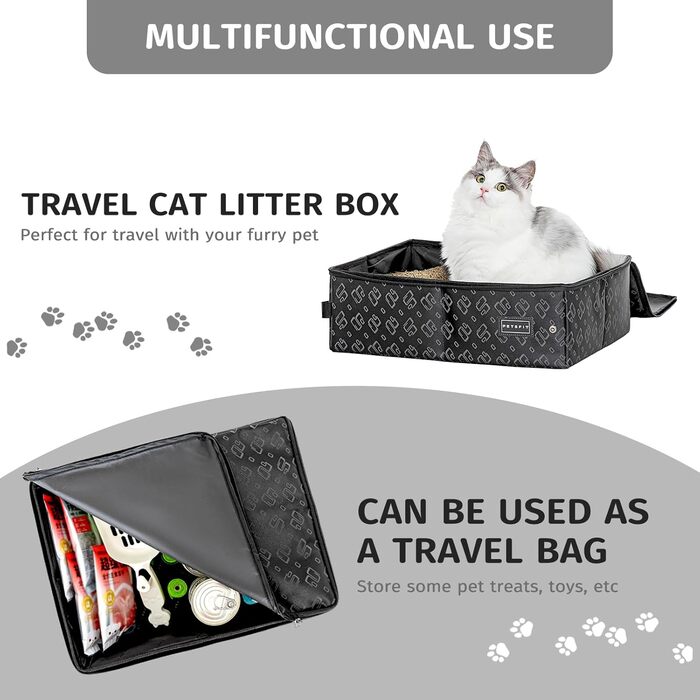 Портативний туалет для котів Petsfit - дорожній, складаний, легкий у чищенні (40x30x12 см, чорний з візерунком)
