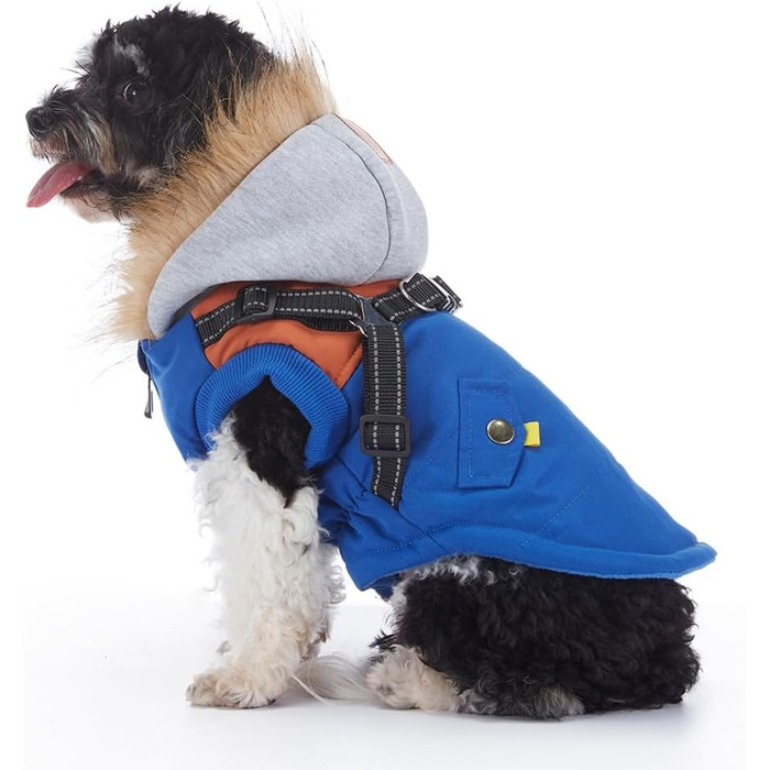 Тепла куртка-худі для собак маленьких та середніх порід, водонепроникна та вітронепроникна. З світловідбиваючим кріпленням для шлейки. Синій колір, розмір X