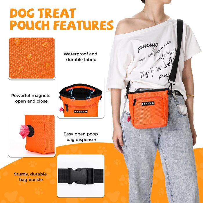 Сумка для ласощів для собак великого об'єму, багатофункціональна, на плечі, з міцним магнітним закриттям, регульований знімний ремінь, сумка для корму для собак (Помаранчевий)