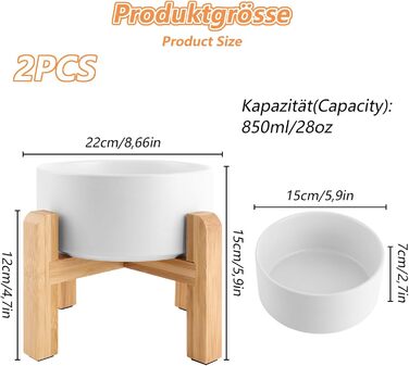 Набір керамічних мисок для собак Oungy 2 шт. з підставкою з бамбука, антиковзаючі, 850 мл, білі. Підходять для собак та котів