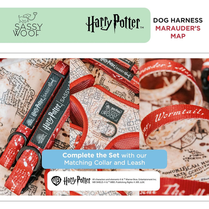 Регульована шлейка для собак Sassy Woof Harry Potter™ Marauder’s Map XL, дихаюча сітка, подвійний D-кільця, не тягне, для великих собак, офіційна