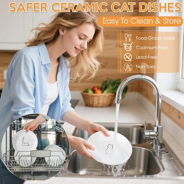 Набір мисок для котів FoiiLiio 6 шт. з кераміки (15x3.0 см) з неслизьким силіконовим дном. Миски для котячого корму, годівниці для котів та собак. Білий колір.