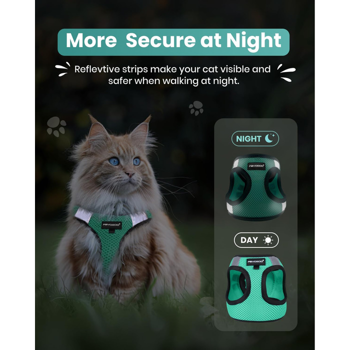 Шлейка для кота FAYOGOO анти-вислизання з повідком, шлейка для кота безпечна та регульована, повід для кота з світловідбиваючими смугами для безпеки та комфорту вночі, M (зелений, XL (1 шт.))