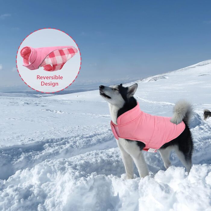 Теплий зимовий одяг для собак, зимовий одяг для собак з захистом живота, зимовий одяг для собак з світловідбиваючими елементами, двосторонній одяг для собак, одяг для собак з отвором для шлейки, рожевий, M (Medium), рожевий