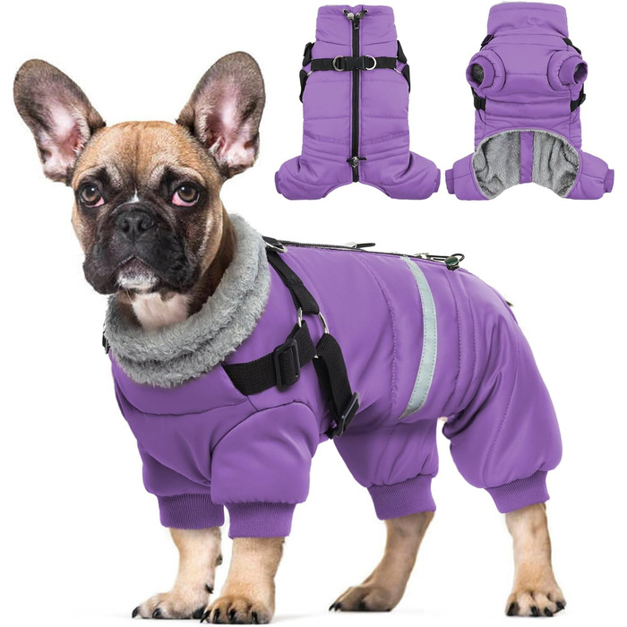 Водонепроникний нашийник для собак, куртка для собак з шлейкою, зимовий нашийник для собак маленьких, середніх та великих порід, вітронепроникна зимова куртка для собак з відбиваючими смугами та блискавкою S-XL (XL, фіолетовий)