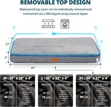 Ортопедичне ліжко для собак XL з memory foam, сіре, водонепроникне, знімний чохол, блискавка