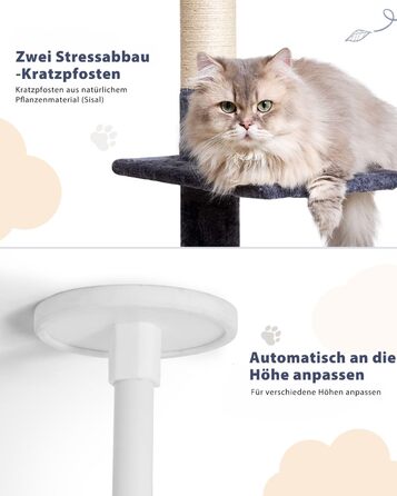 Кігтеточка NEGTTE з регулюванням висоти (230-275см) - кігтечочний комплекс з 2 кігтеточними стовпами, гамаком та будиночком. Вузька кігтеточка висотою для невеликих приміщень, система натягу стелі, страховий ремінь, темно-сірий колір