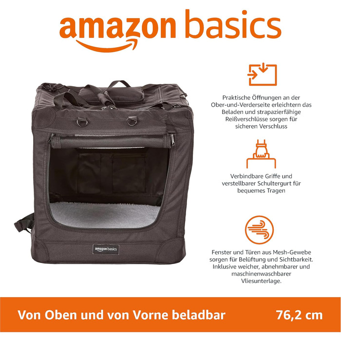 Транспортна переноска для собак Amazon Basics, складна, м'яка, чорна, 76 x 53 x 53 см