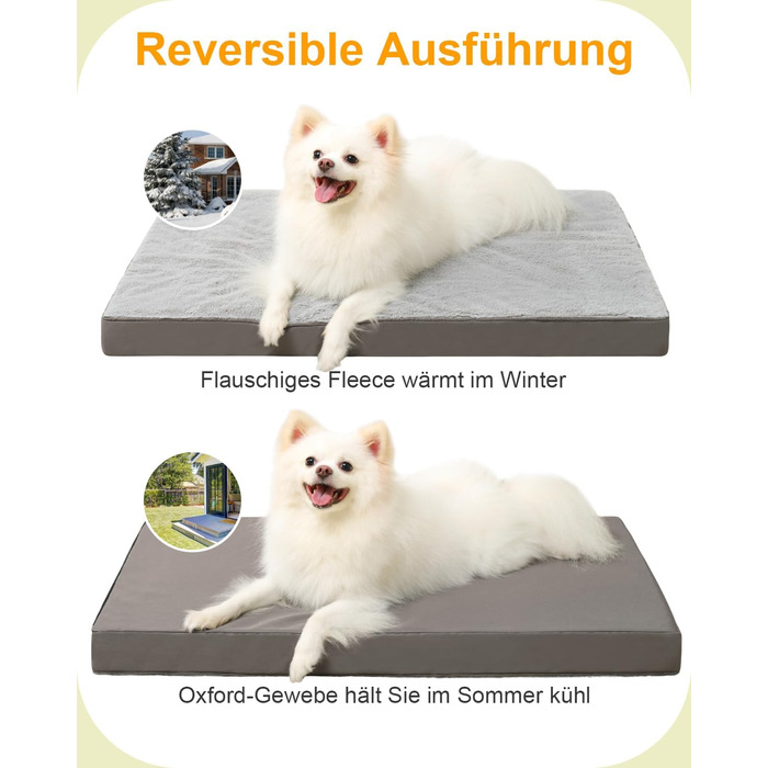 Ортопедичне ліжко для собак великих порід KSIIA, 91x68 см, знімний ковпак, двостороннє, сіре, 75x47x7 см