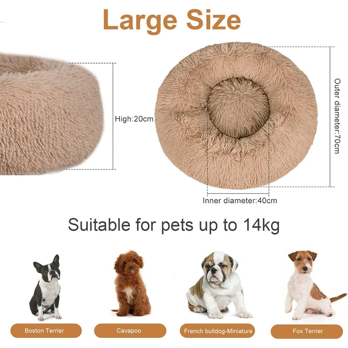 Кругле лежанка для собак середнього розміру, бежево-коричневий, ортопедичний, з неслизьким дном, для собак та кошенят, 70 см Ø, з м'яким плюшем, для заспокоєння, легко миється
