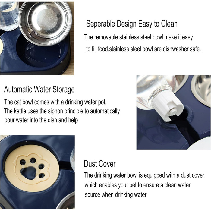 Миска для кота з нержавіючої сталі 3-в-1 з автоматичним дозатором води, подвійна миска для котів та собак маленьких та середніх порід (Блакитна)